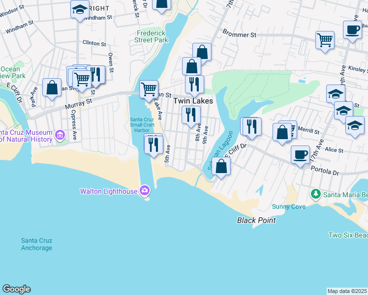 map of restaurants, bars, coffee shops, grocery stores, and more near 200 6th Avenue in Santa Cruz