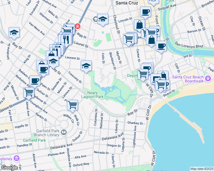 map of restaurants, bars, coffee shops, grocery stores, and more near 126 Shelter Lagoon Drive in Santa Cruz