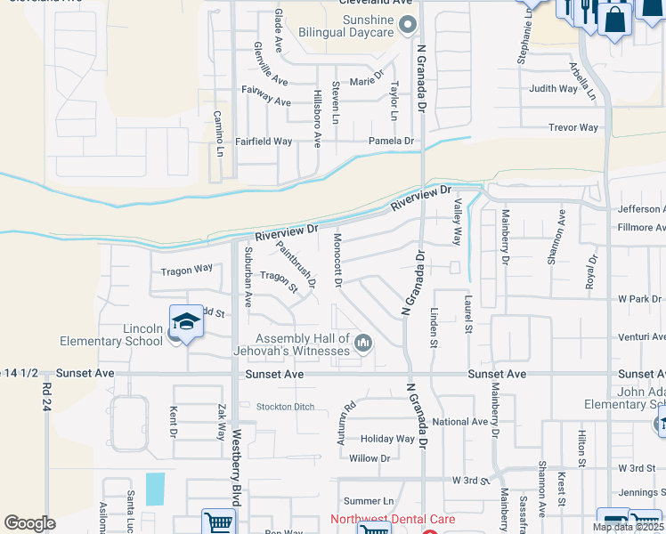 map of restaurants, bars, coffee shops, grocery stores, and more near 804 Monocott Drive in Madera