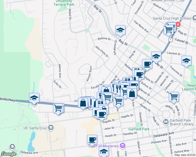 map of restaurants, bars, coffee shops, grocery stores, and more near 118 Las Ondas Court in Santa Cruz