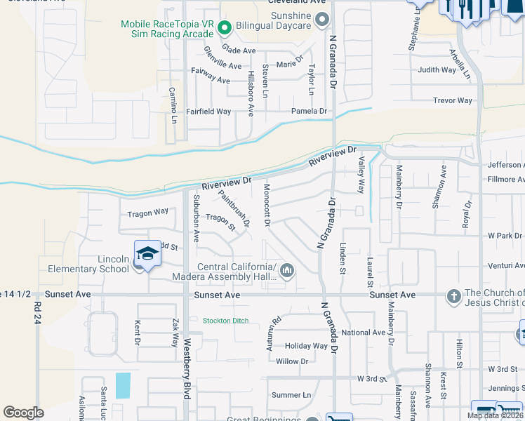 map of restaurants, bars, coffee shops, grocery stores, and more near 804 Monocott Drive in Madera