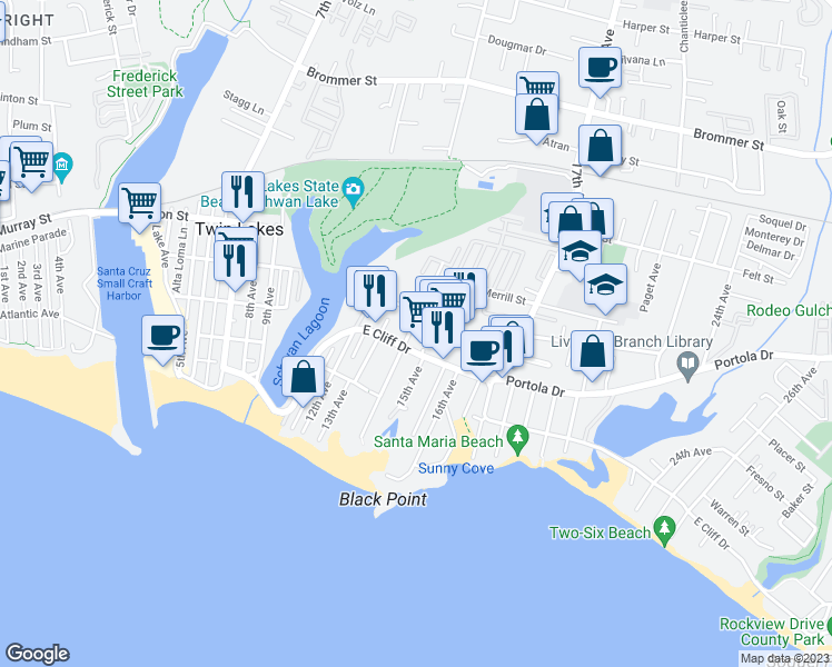 map of restaurants, bars, coffee shops, grocery stores, and more near 524 14th Avenue in Santa Cruz