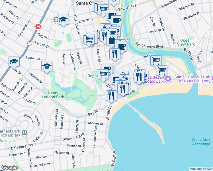 map of restaurants, bars, coffee shops, grocery stores, and more near 110 West Cliff Drive in Santa Cruz