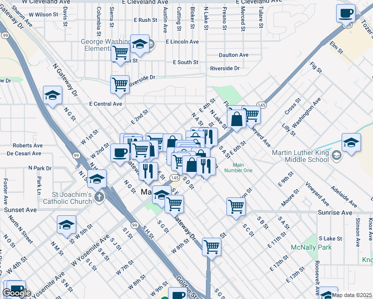 map of restaurants, bars, coffee shops, grocery stores, and more near 125 North C Street in Madera