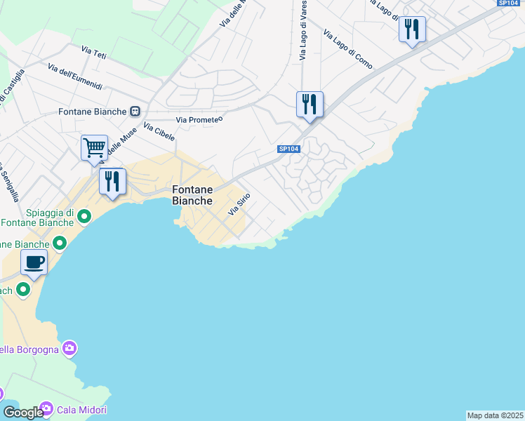 map of restaurants, bars, coffee shops, grocery stores, and more near 11 Via Polluce Fontane Bianche in Fontane Bianche