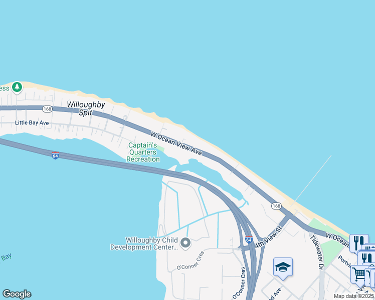 map of restaurants, bars, coffee shops, grocery stores, and more near 741 West Ocean View Avenue in Norfolk