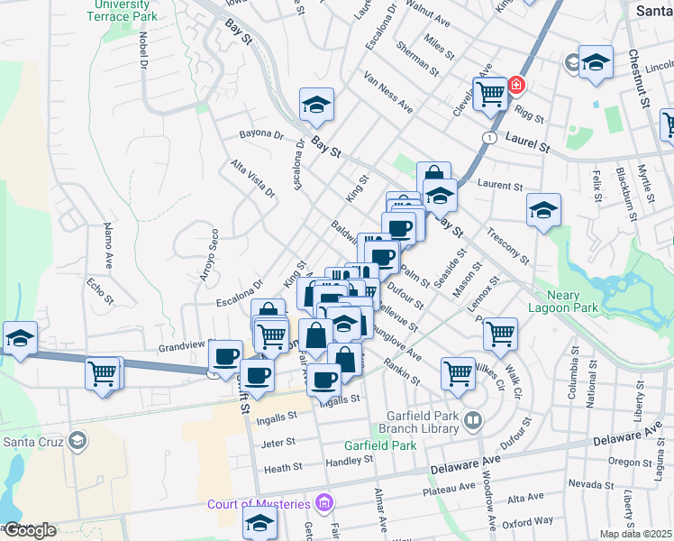 map of restaurants, bars, coffee shops, grocery stores, and more near 144 Averitt Street in Santa Cruz