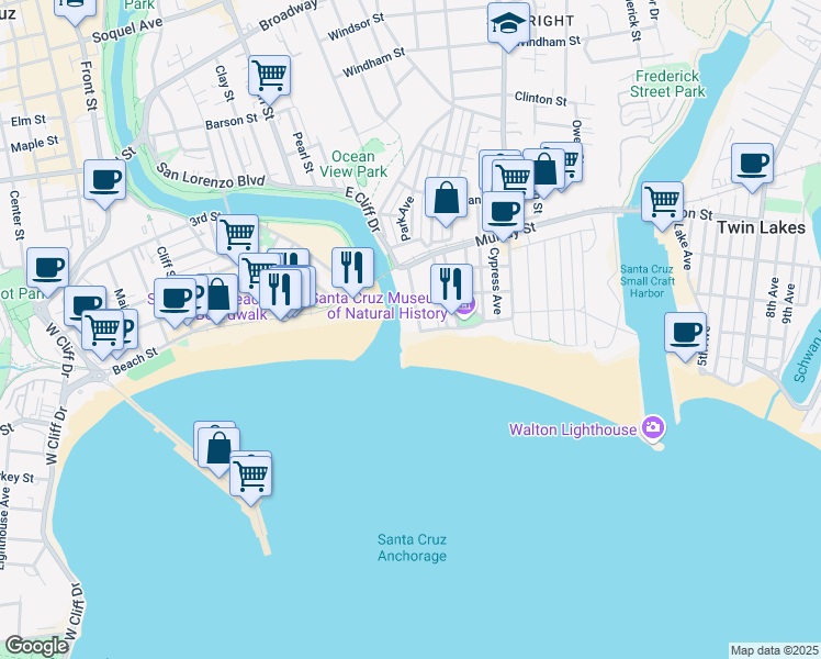 map of restaurants, bars, coffee shops, grocery stores, and more near 1156 East Cliff Drive in Santa Cruz