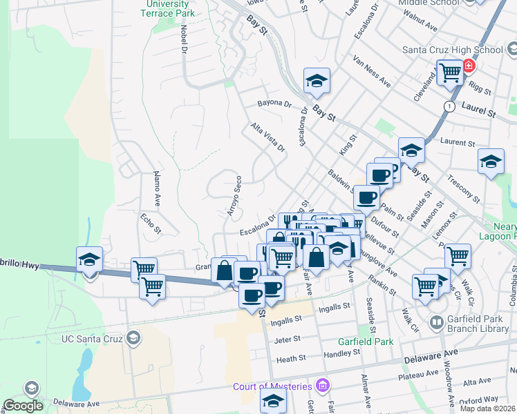 map of restaurants, bars, coffee shops, grocery stores, and more near 118 Las Ondas Court in Santa Cruz