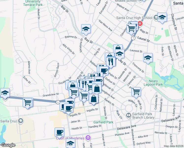 map of restaurants, bars, coffee shops, grocery stores, and more near 144 Averitt Street in Santa Cruz