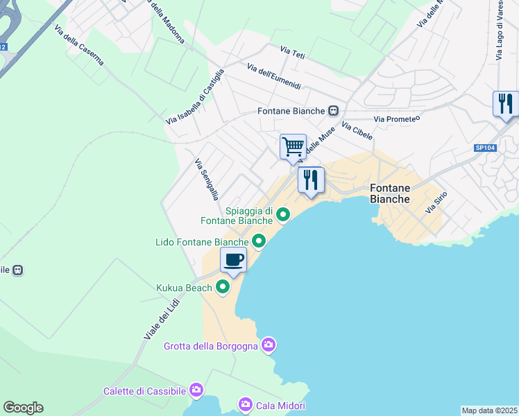 map of restaurants, bars, coffee shops, grocery stores, and more near 5 Via Grado in Fontane Bianche