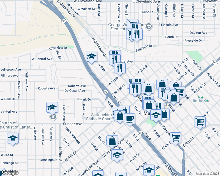 map of restaurants, bars, coffee shops, grocery stores, and more near 601 North H Street in Madera