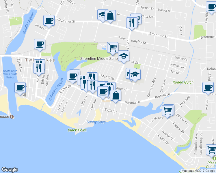 map of restaurants, bars, coffee shops, grocery stores, and more near 1635 Tremont Drive in Santa Cruz