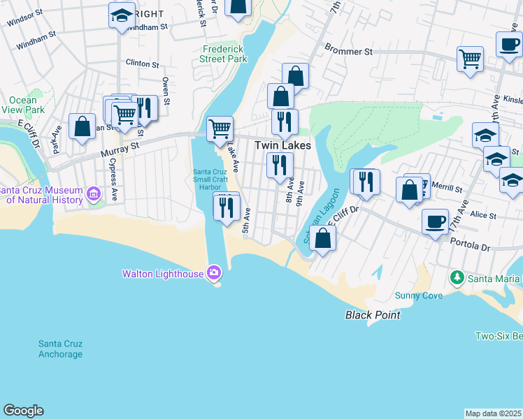 map of restaurants, bars, coffee shops, grocery stores, and more near 200 6th Avenue in Santa Cruz