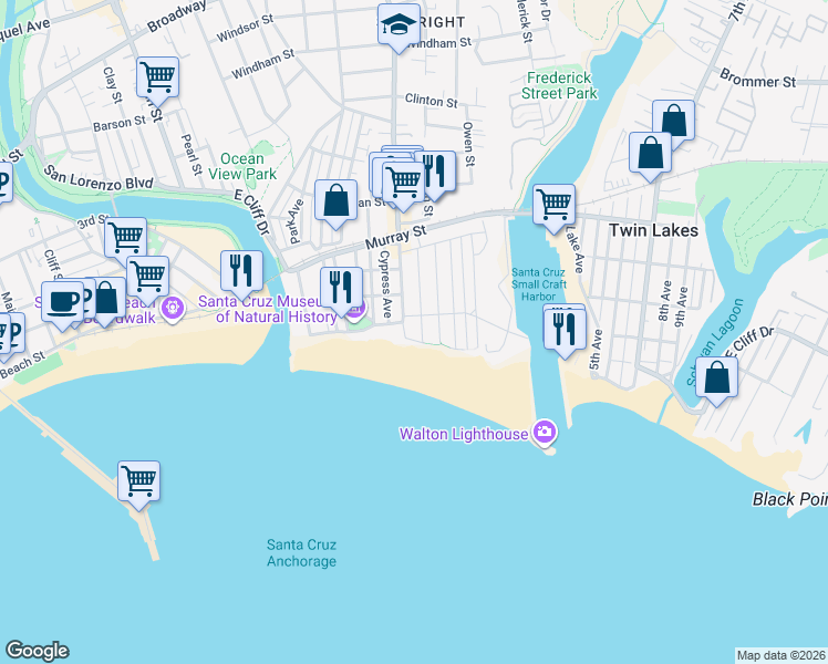 map of restaurants, bars, coffee shops, grocery stores, and more near 111 1st Avenue in Santa Cruz