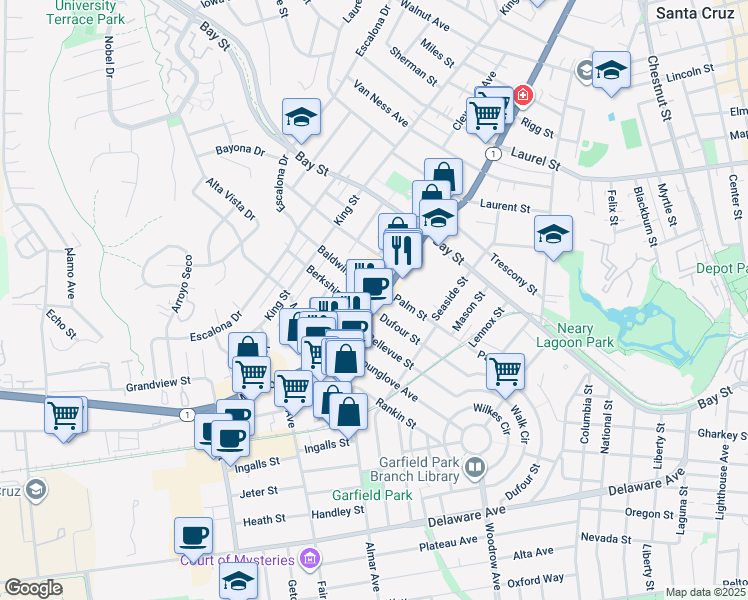 map of restaurants, bars, coffee shops, grocery stores, and more near 115 Baldwin Street in Santa Cruz