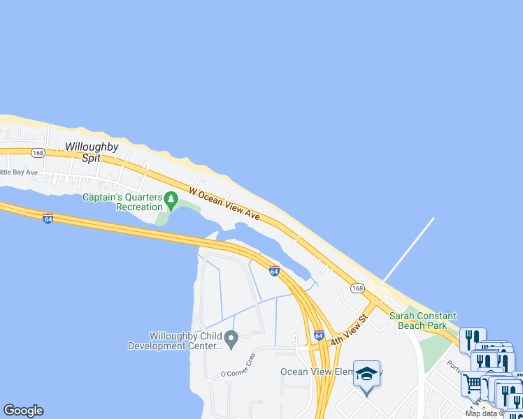 map of restaurants, bars, coffee shops, grocery stores, and more near 700a West Ocean View Avenue in Norfolk