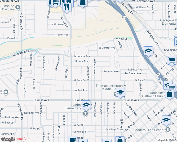 map of restaurants, bars, coffee shops, grocery stores, and more near 816 Orchard Avenue in Madera