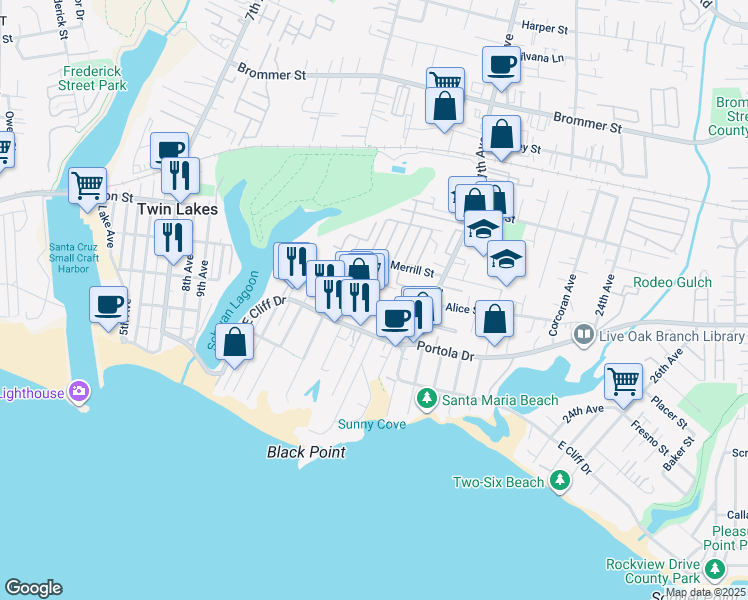 map of restaurants, bars, coffee shops, grocery stores, and more near 21517 East Cliff Drive in Santa Cruz