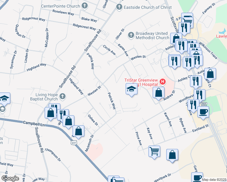 map of restaurants, bars, coffee shops, grocery stores, and more near 1708 Patrick Way in Bowling Green