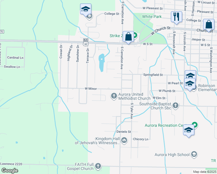 map of restaurants, bars, coffee shops, grocery stores, and more near 1011 West Minor in Aurora