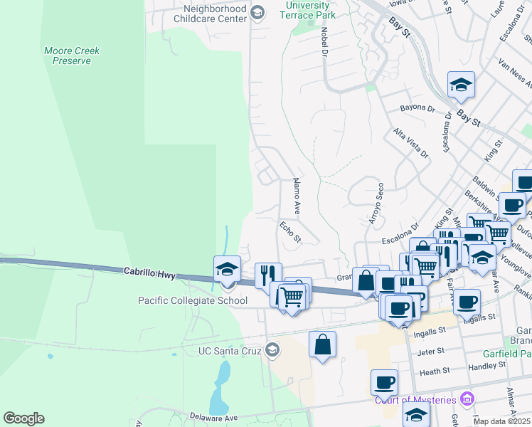 map of restaurants, bars, coffee shops, grocery stores, and more near 413 Western Drive in Santa Cruz