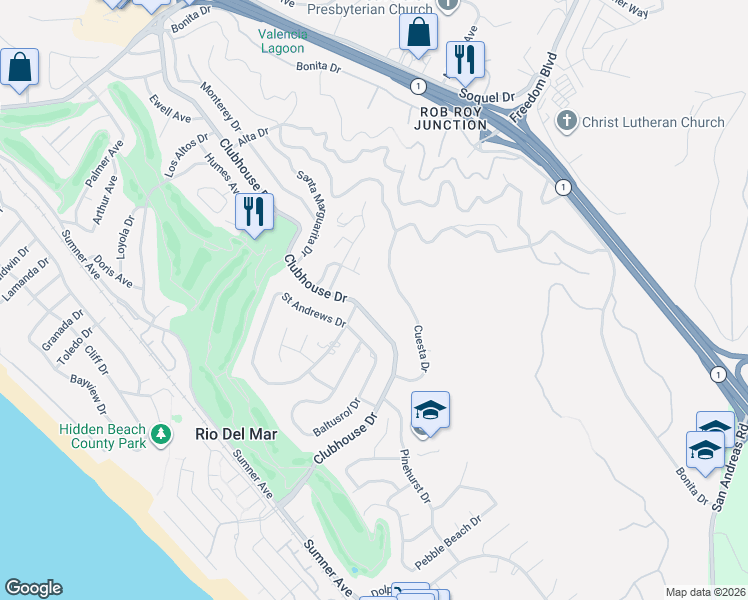map of restaurants, bars, coffee shops, grocery stores, and more near 711 Clubhouse Drive in Aptos