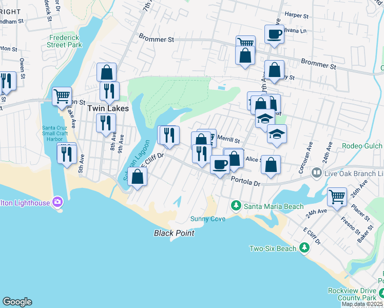 map of restaurants, bars, coffee shops, grocery stores, and more near 530 14th Avenue in Santa Cruz