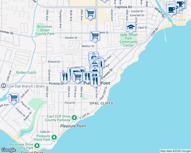 map of restaurants, bars, coffee shops, grocery stores, and more near 871 41st Avenue in Santa Cruz