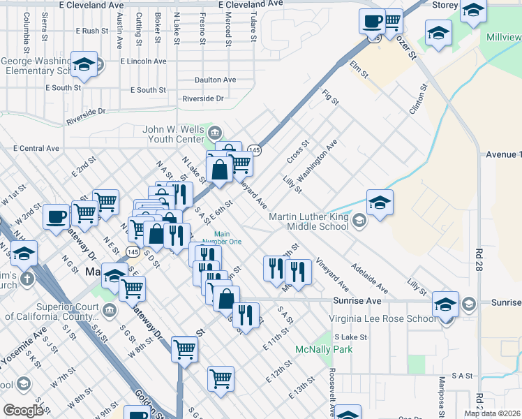 map of restaurants, bars, coffee shops, grocery stores, and more near 224 Vineyard Avenue in Madera