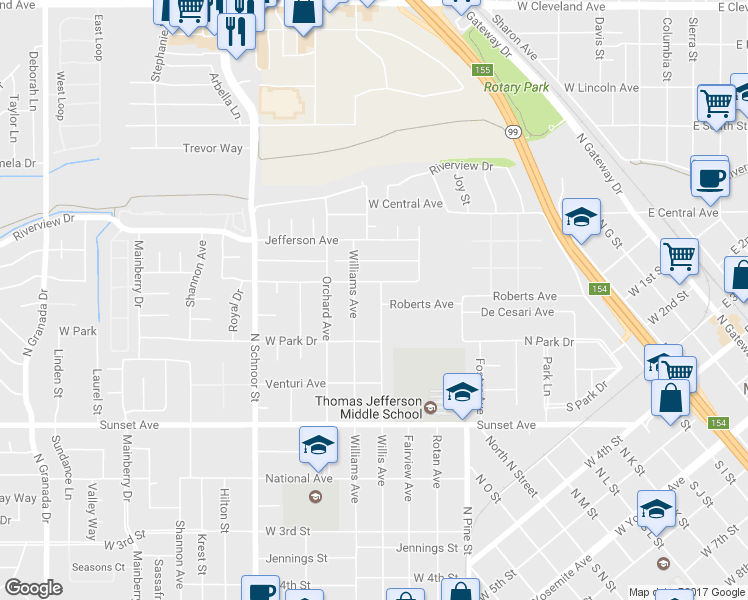 map of restaurants, bars, coffee shops, grocery stores, and more near 824 Willis Avenue in Madera