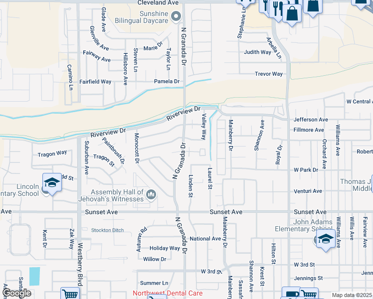 map of restaurants, bars, coffee shops, grocery stores, and more near 801 North Granada Drive in Madera