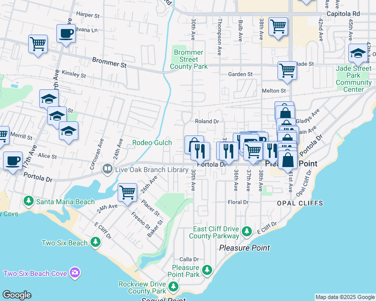 map of restaurants, bars, coffee shops, grocery stores, and more near 872 30th Avenue in Santa Cruz