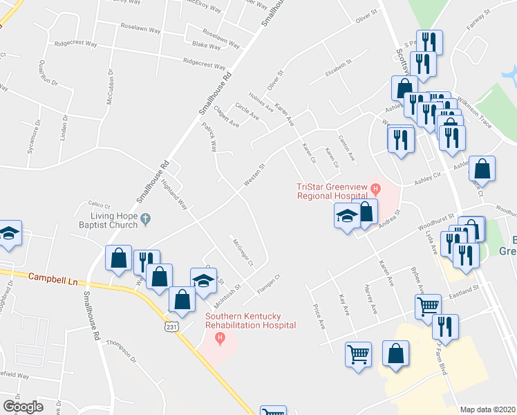 map of restaurants, bars, coffee shops, grocery stores, and more near 1700 Patrick Way in Bowling Green