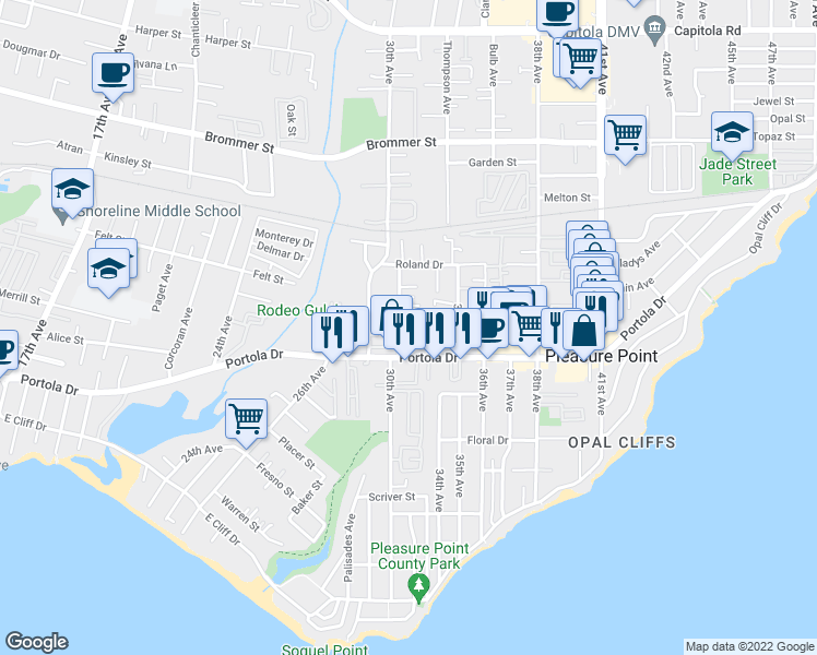 map of restaurants, bars, coffee shops, grocery stores, and more near 3210 Sylvaner Circle in Santa Cruz