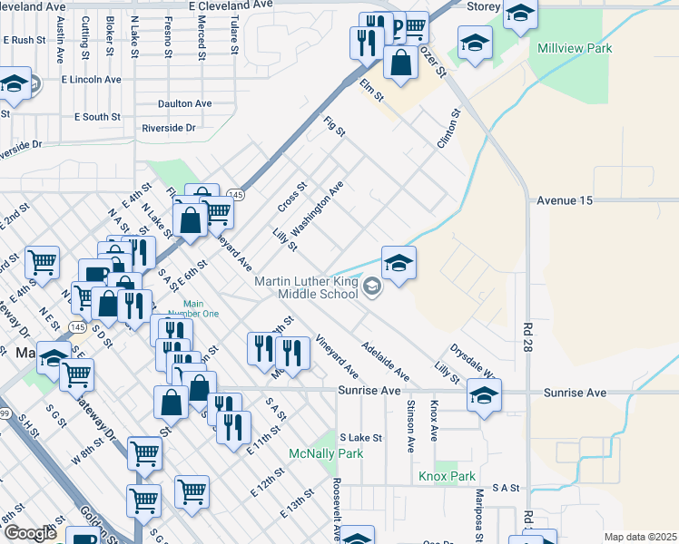 map of restaurants, bars, coffee shops, grocery stores, and more near 810 Clinton St in Madera