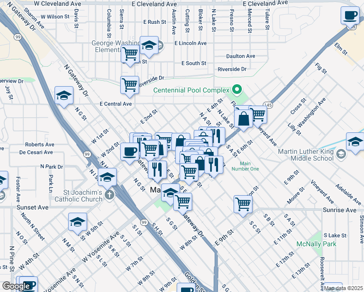map of restaurants, bars, coffee shops, grocery stores, and more near 201 North C Street in Madera