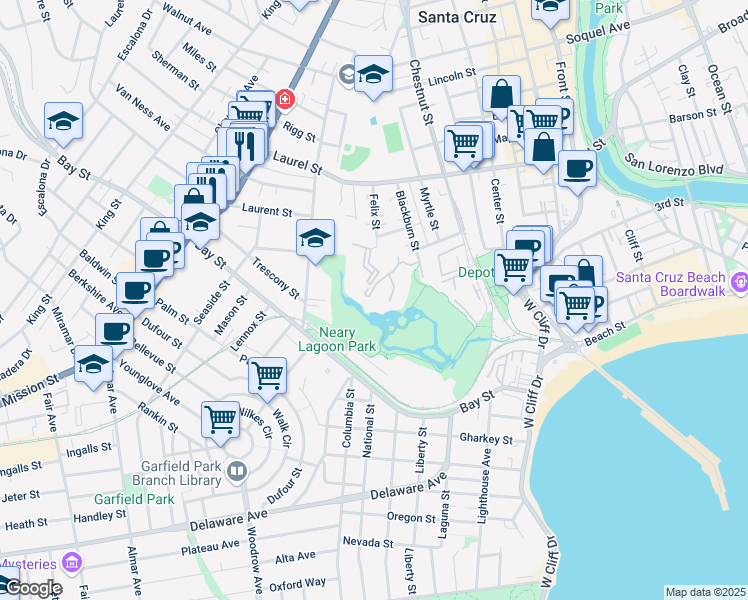 map of restaurants, bars, coffee shops, grocery stores, and more near 126 Shelter Lagoon Drive in Santa Cruz
