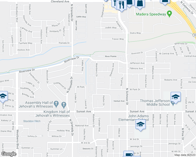 map of restaurants, bars, coffee shops, grocery stores, and more near 2294 Bay Court in Madera