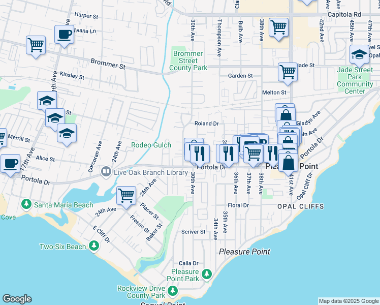 map of restaurants, bars, coffee shops, grocery stores, and more near 872 30th Avenue in Santa Cruz