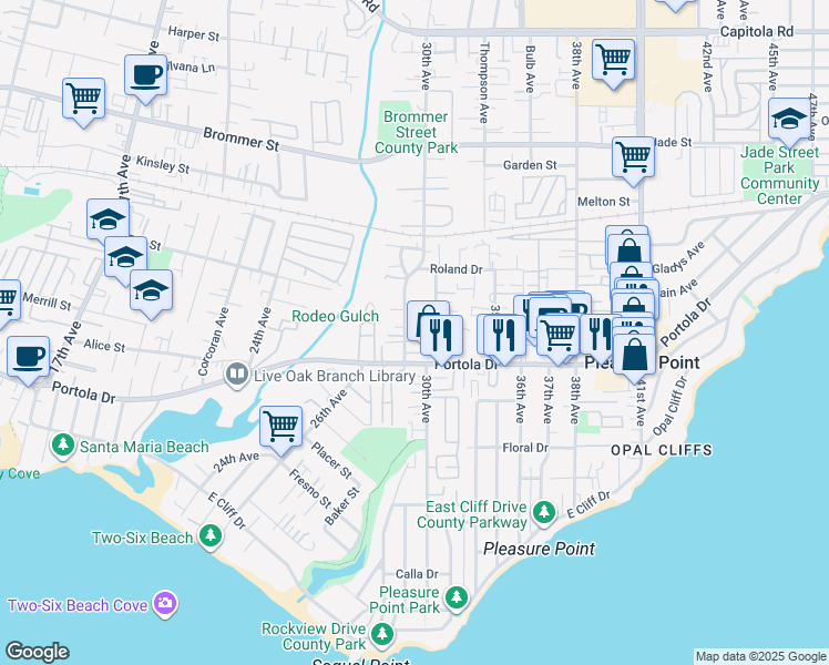 map of restaurants, bars, coffee shops, grocery stores, and more near 872 30th Avenue in Santa Cruz