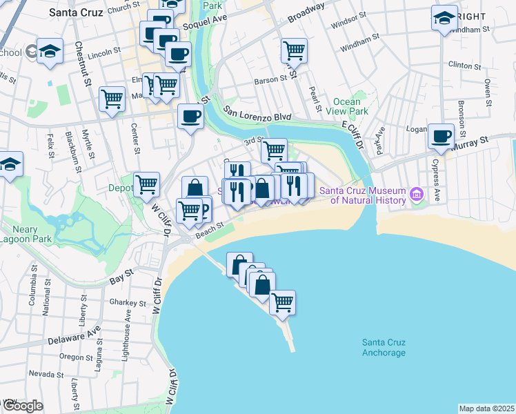 map of restaurants, bars, coffee shops, grocery stores, and more near Beach Street in Santa Cruz