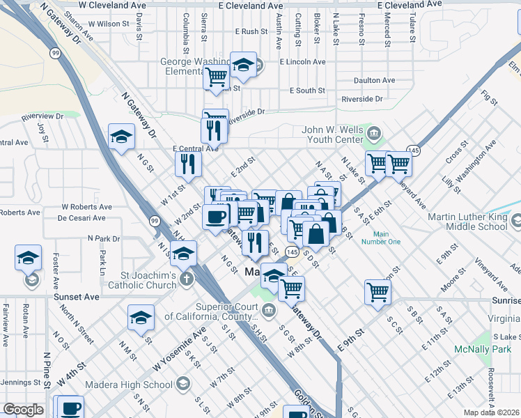 map of restaurants, bars, coffee shops, grocery stores, and more near 309 North E Street in Madera