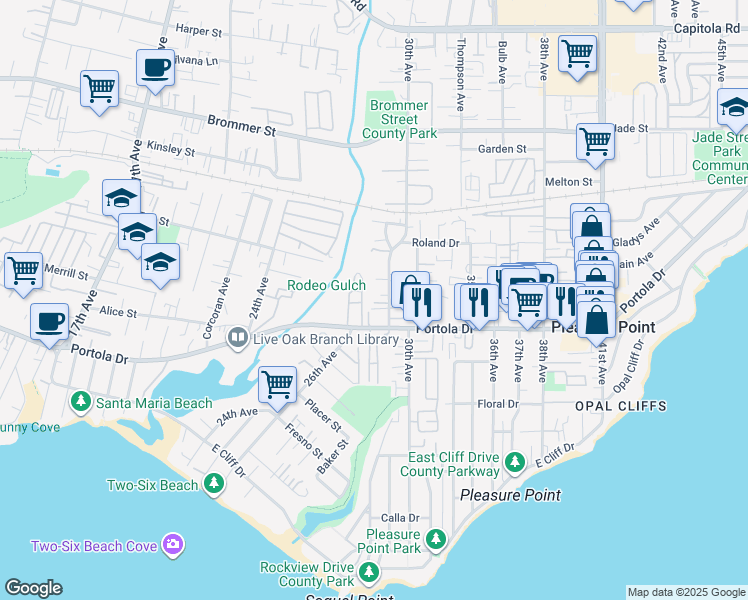map of restaurants, bars, coffee shops, grocery stores, and more near 2674 Christine Oaks in Santa Cruz