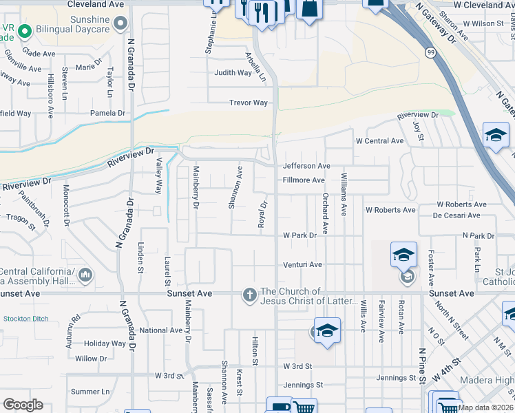 map of restaurants, bars, coffee shops, grocery stores, and more near 868 Royal Drive in Madera