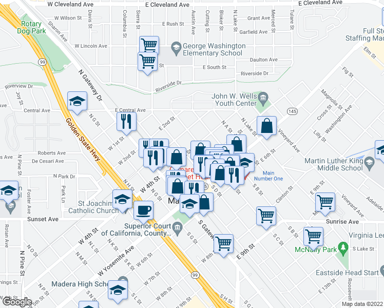 map of restaurants, bars, coffee shops, grocery stores, and more near 206 East 4th Street in Madera