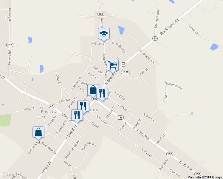 map of restaurants, bars, coffee shops, grocery stores, and more near 207 East 3rd Avenue in Kenbridge