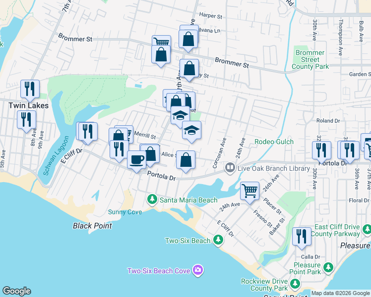 map of restaurants, bars, coffee shops, grocery stores, and more near 627 Jami Lane in Santa Cruz