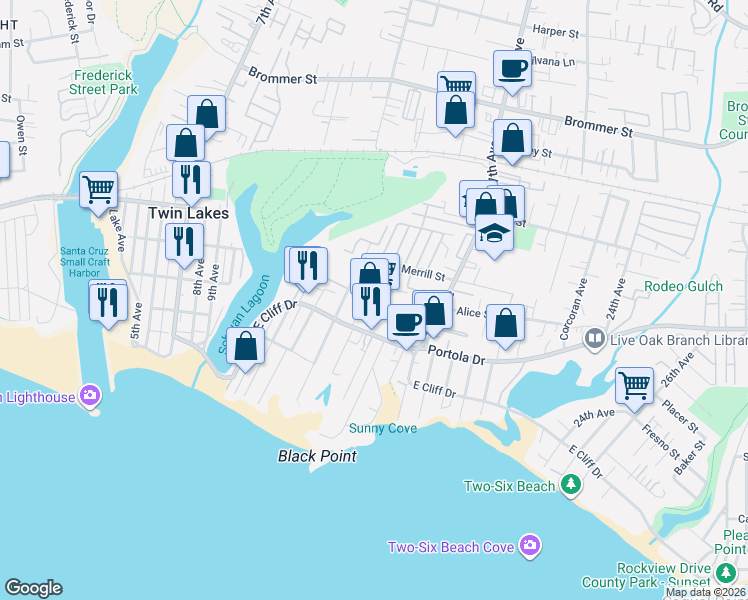 map of restaurants, bars, coffee shops, grocery stores, and more near 610 14th Avenue in Santa Cruz