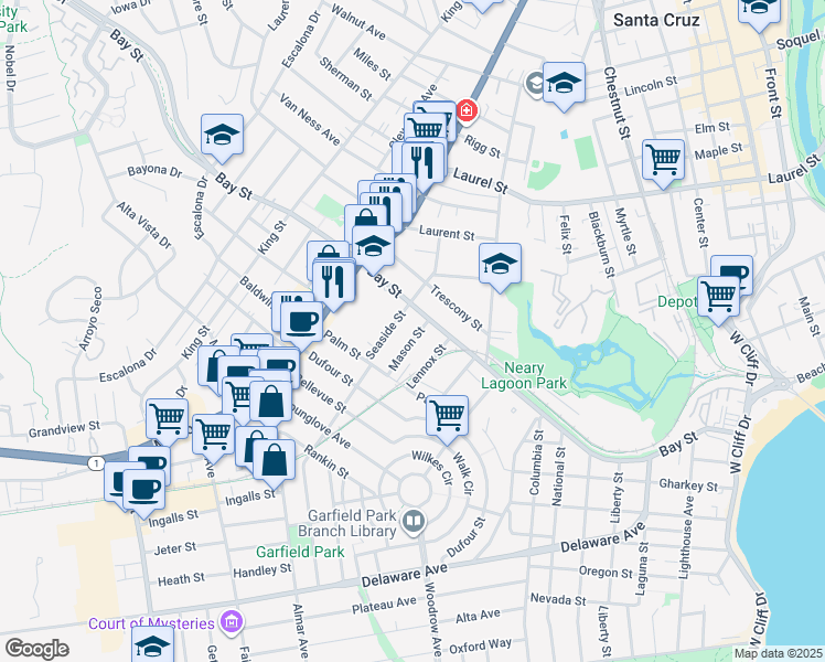 map of restaurants, bars, coffee shops, grocery stores, and more near 143 Mason Street in Santa Cruz